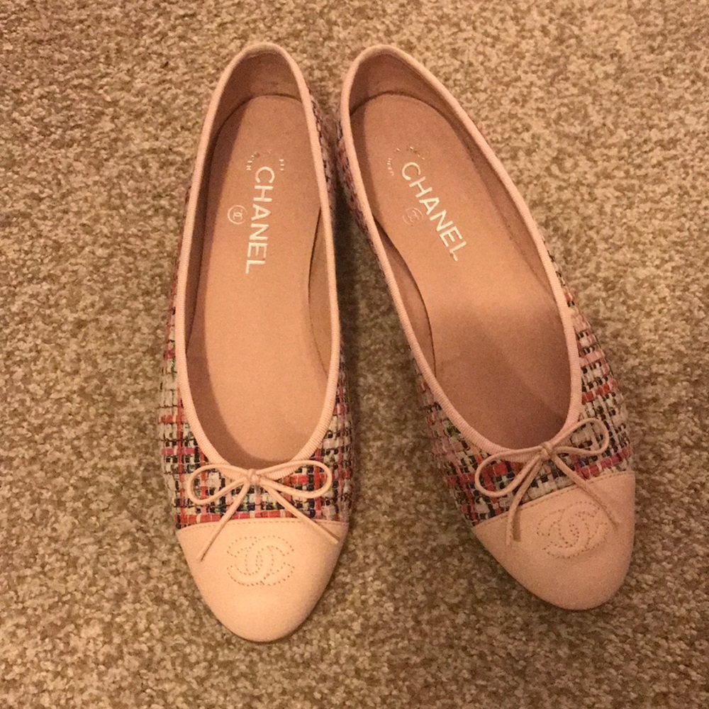 CHANEL PINK TWEED BALLERINA FLATS SHOES